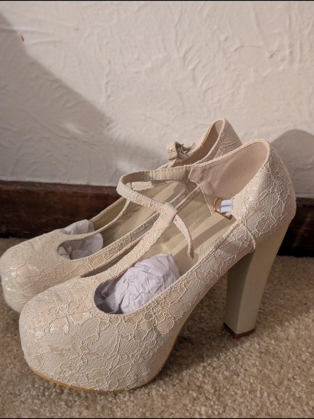 Cream Lace Mary Jane Platform Heels with Ankle Strap Wedding